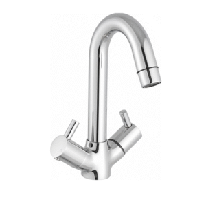 Wall-mounted chrome sink mixer with dual lever handles and high-arched swivel spout, designed for kitchens and bathrooms.
