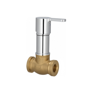 Chrome-plated brass angle cock with lever handle and wall flange, designed for controlling water flow to bathroom and kitchen fixtures.