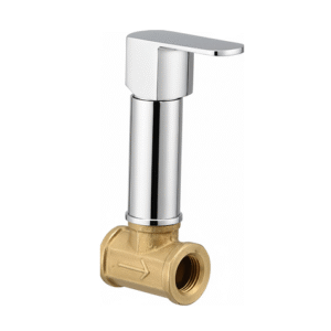 Chrome-plated brass angle cock with lever handle and wall flange, designed for controlling water flow to bathroom and kitchen fixtures.