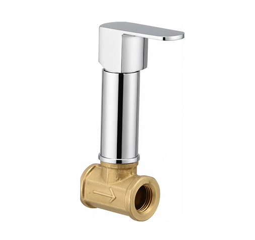 Concealed Stop Cock Chrome-plated brass angle cock with lever handle and wall flange, designed for controlling water flow to bathroom and kitchen fixtures.