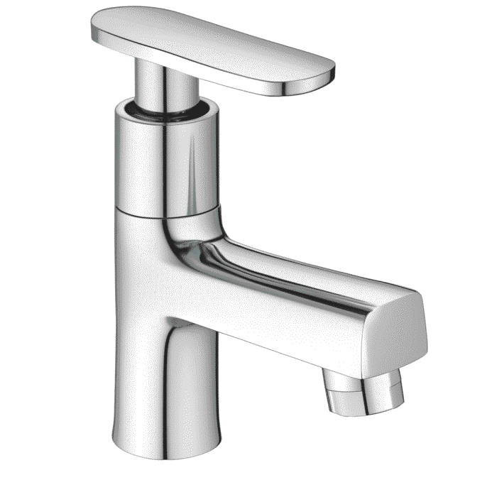 chrome basin faucet with curved spout and single lever handle, designed for smooth water flow and temperature control.