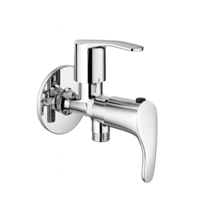 Chrome-finished wall-mounted faucet with cylindrical body, curved spout, top and side lever handles, and threaded outlet for hose or accessory connection.
