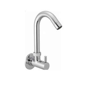 Wall-mounted chrome basin mixer with single lever handle and curved swivel spout, designed for bathrooms and kitchens.