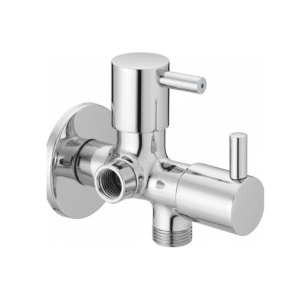Chrome-plated brass dual outlet angle valve with lever handles and wall flange, designed for controlling water flow to two fixtures like faucet and flush tank.