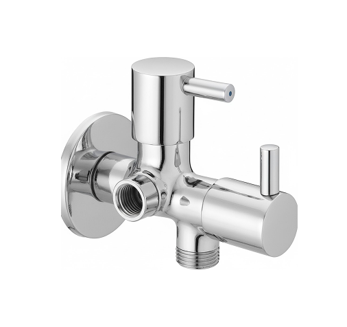 FL-101 2 in 1 Angle Cock Chrome-plated brass dual outlet angle valve with lever handles and wall flange, designed for controlling water flow to two fixtures like faucet and flush tank.