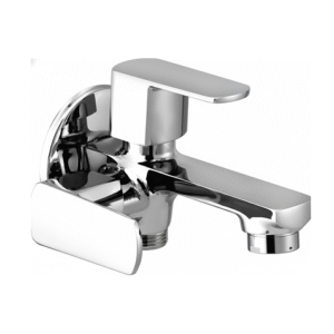 Wall-mounted chrome wall mixer with single lever handle and spout, designed for modern bathrooms and showers.