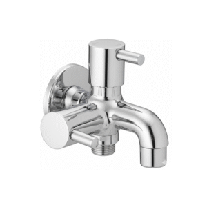 Chrome-plated brass 2 in 1 angle cock with dual outlets, lever handles, and wall flange, designed for controlling water flow to two fixtures.