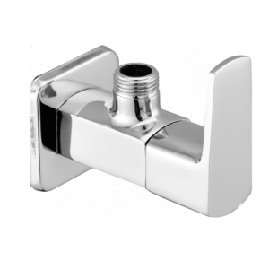 Chrome-plated angle valve with lever handle and wall flange, designed for controlling water flow to faucets and fixtures.