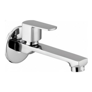 Minimalist chrome basin faucet with curved spout and single lever handle, designed for smooth water flow and temperature control.