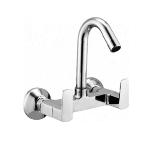 Wall-mounted chrome sink mixer with dual lever handles and high-arched swivel spout, designed for kitchens and bathrooms.