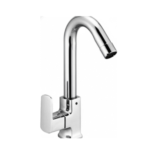 Wall-mounted chrome basin mixer with single lever handle and curved swivel spout, designed for bathrooms and kitchens.