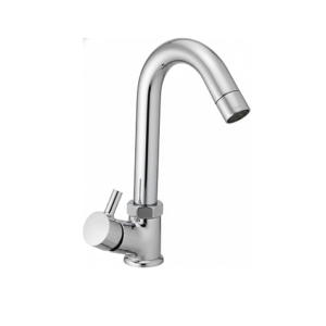 Wall-mounted chrome basin mixer with single lever handle and curved swivel spout, designed for bathrooms and kitchens.