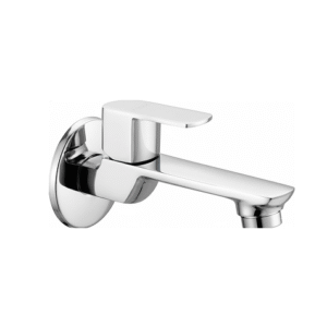 Minimalist chrome basin faucet with curved spout and single lever handle, designed for smooth water flow and temperature control.