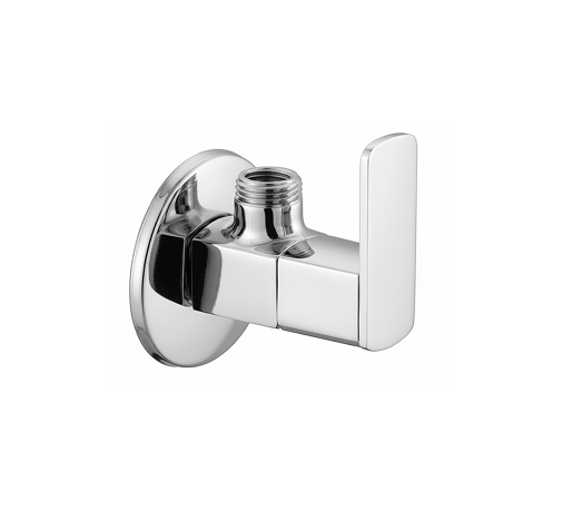 Group 1272631372 Chrome-plated angle valve with lever handle and wall flange, designed for controlling water flow to faucets and fixtures.