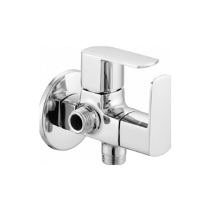 Chrome-plated brass dual outlet angle valve with lever handles and wall flange, designed for controlling water flow to two fixtures like faucet and flush tank.