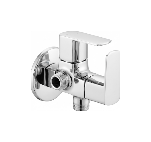 Group 1272631373 Chrome-plated brass dual outlet angle valve with lever handles and wall flange, designed for controlling water flow to two fixtures like faucet and flush tank.