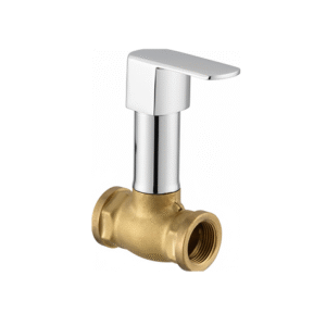 Chrome-plated brass angle cock with lever handle and wall flange, designed for controlling water flow to bathroom and kitchen fixtures.