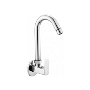 Wall-mounted chrome basin mixer with single lever handle and curved swivel spout, designed for bathrooms and kitchens.