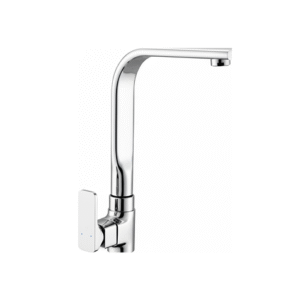 Wall-mounted chrome basin mixer with single lever handle and curved swivel spout, designed for bathrooms and kitchens.
