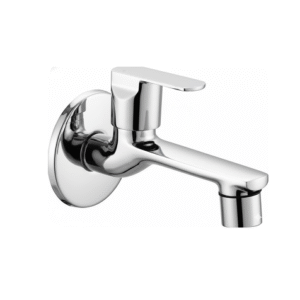 chrome basin faucet with curved spout and single lever handle, designed for smooth water flow and temperature control.