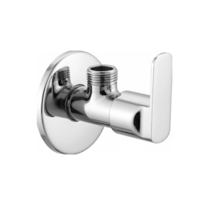 Chrome-plated angle valve with lever handle and wall flange, designed for controlling water flow to faucets and fixtures.