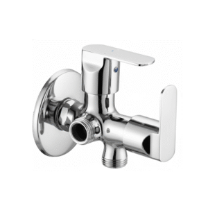 Chrome-plated brass dual outlet angle valve with lever handles and wall flange, designed for controlling water flow to two fixtures like faucet and flush tank.