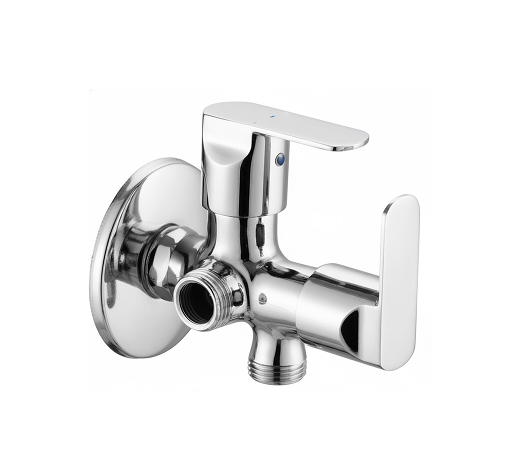 Group 1272631384 Chrome-plated brass dual outlet angle valve with lever handles and wall flange, designed for controlling water flow to two fixtures like faucet and flush tank.