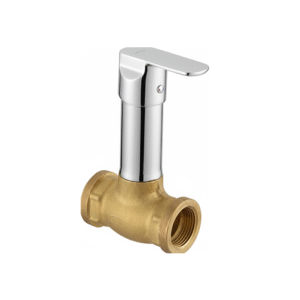Chrome-plated brass angle cock with lever handle and wall flange, designed for controlling water flow to bathroom and kitchen fixtures.