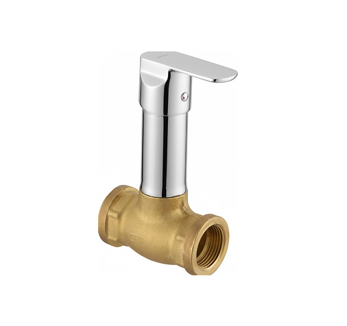 Group 1272631385 Chrome-plated brass angle cock with lever handle and wall flange, designed for controlling water flow to bathroom and kitchen fixtures.