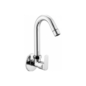 Wall-mounted chrome basin mixer with single lever handle and curved swivel spout, designed for bathrooms and kitchens.