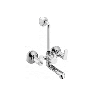 Chrome-plated wall mixer faucet with dual lever handles and overhead L bend pipe, designed for bathroom shower and basin fittings.