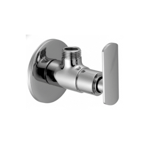 Chrome-plated angle valve with lever handle and wall flange, designed for controlling water flow to faucets and fixtures.