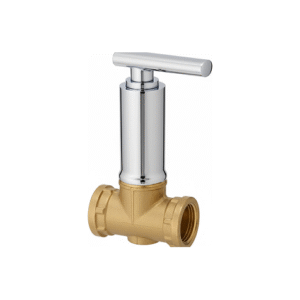 Chrome-plated brass angle cock with lever handle and wall flange, designed for controlling water flow to bathroom and kitchen fixtures.
