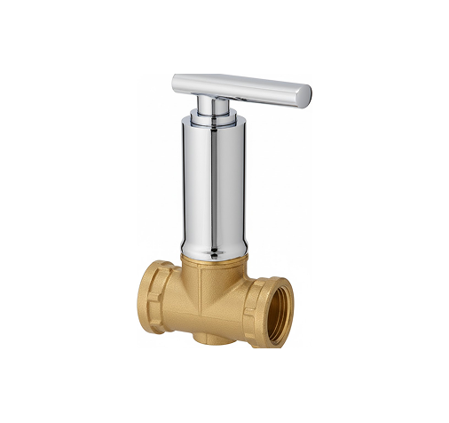 Group 1272631394 Chrome-plated brass angle cock with lever handle and wall flange, designed for controlling water flow to bathroom and kitchen fixtures.