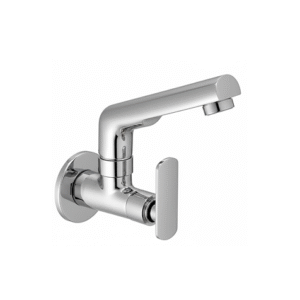 Wall-mounted chrome basin mixer with single lever handle and curved swivel spout, designed for bathrooms and kitchens.