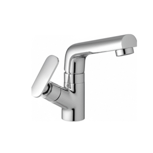 Wall-mounted chrome basin mixer with single lever handle and curved swivel spout, designed for bathrooms and kitchens.