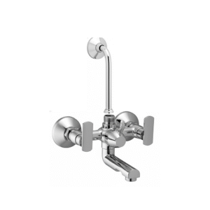 Chrome-finished wall-mounted sink mixer with dual lever handles and high-arched spout, designed for kitchens and bathrooms.