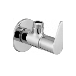 Chrome-plated angle valve with lever handle and wall flange, designed for controlling water flow to faucets and fixtures.