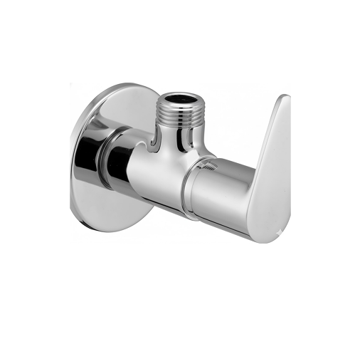 Group 1272631402 Chrome-plated angle valve with lever handle and wall flange, designed for controlling water flow to faucets and fixtures.