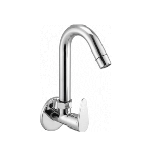 Wall-mounted chrome basin mixer with single lever handle and curved swivel spout, designed for bathrooms and kitchens.