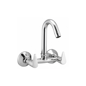 Chrome-finished wall-mounted sink mixer with dual lever handles and high-arched spout, designed for kitchens and bathrooms.