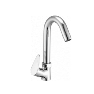Wall-mounted chrome basin mixer with single lever handle and curved swivel spout, designed for bathrooms and kitchens.