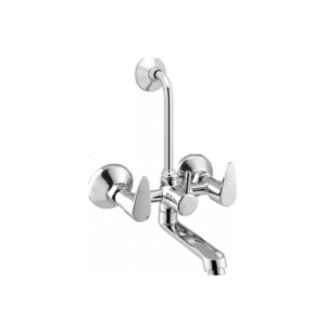Chrome-finished wall-mounted sink mixer with dual lever handles and high-arched spout, designed for kitchens and bathrooms.