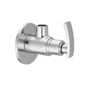 Chrome-plated angle valve with lever handle and wall flange, designed for controlling water flow to faucets and fixtures.