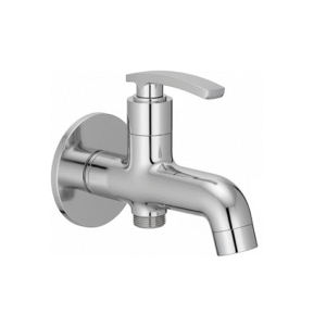 Chrome-finished wall-mounted faucet with cylindrical body, curved spout, single lever handle on top, and threaded outlet below for hose attachment.