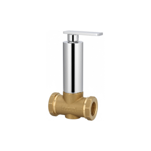 Chrome-plated brass angle cock with lever handle and wall flange, designed for controlling water flow to bathroom and kitchen fixtures.