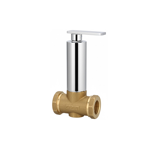 Group 1272631415 Chrome-plated brass angle cock with lever handle and wall flange, designed for controlling water flow to bathroom and kitchen fixtures.