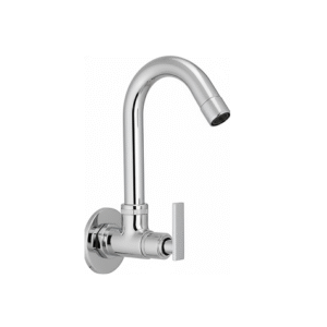Wall-mounted chrome basin mixer with single lever handle and curved swivel spout, designed for bathrooms and kitchens.