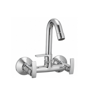 Chrome-finished wall-mounted sink mixer with dual lever handles and high-arched spout, designed for kitchens and bathrooms.