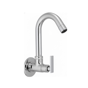 Wall-mounted chrome basin mixer with single lever handle and curved swivel spout, designed for bathrooms and kitchens.